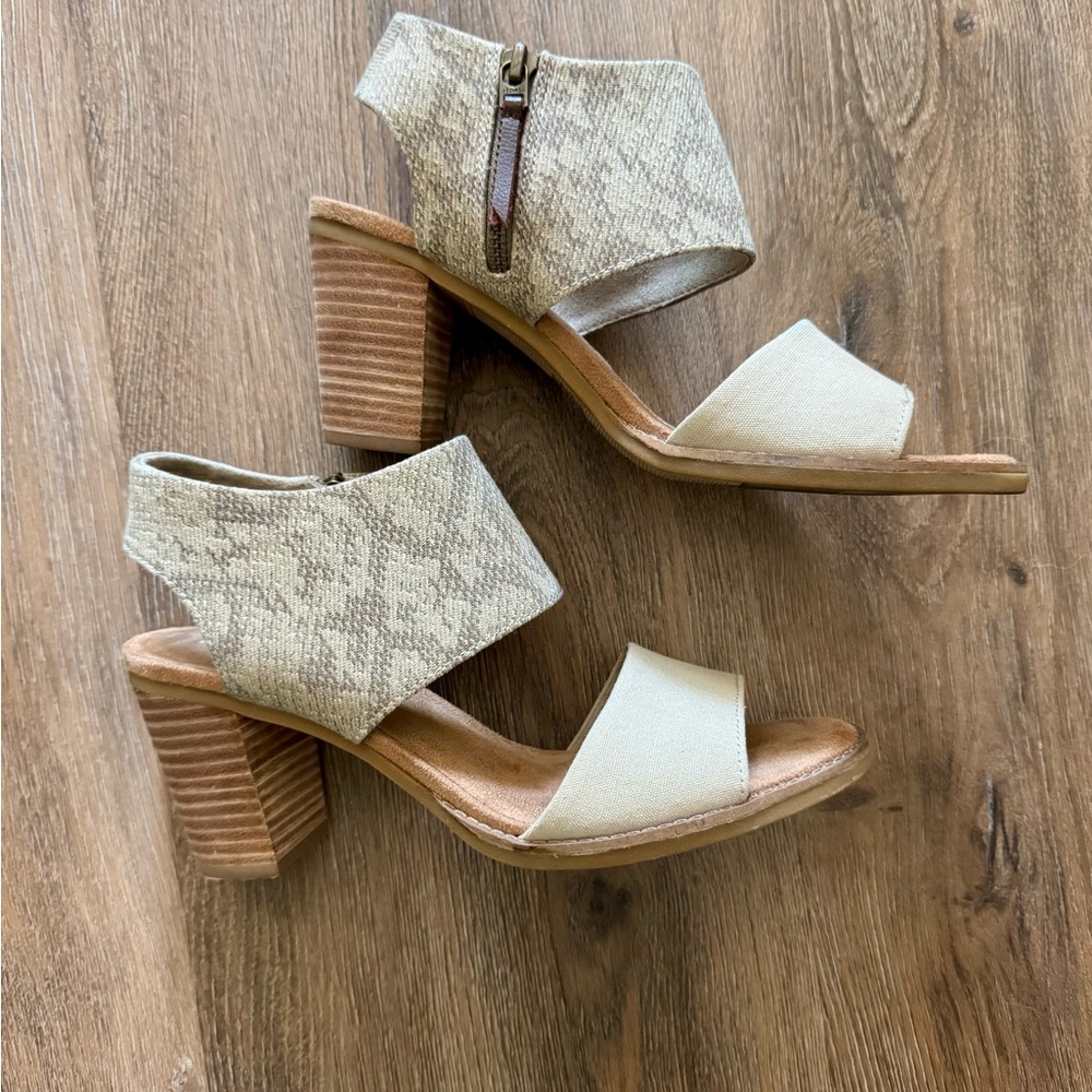 Toms Cream and Tan Heeled Sandals with Chunky Heel
